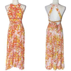 Abel The Label Sz S Pink Orange Floral Tie Cutout Halter Maxi Slip Dress Rayon